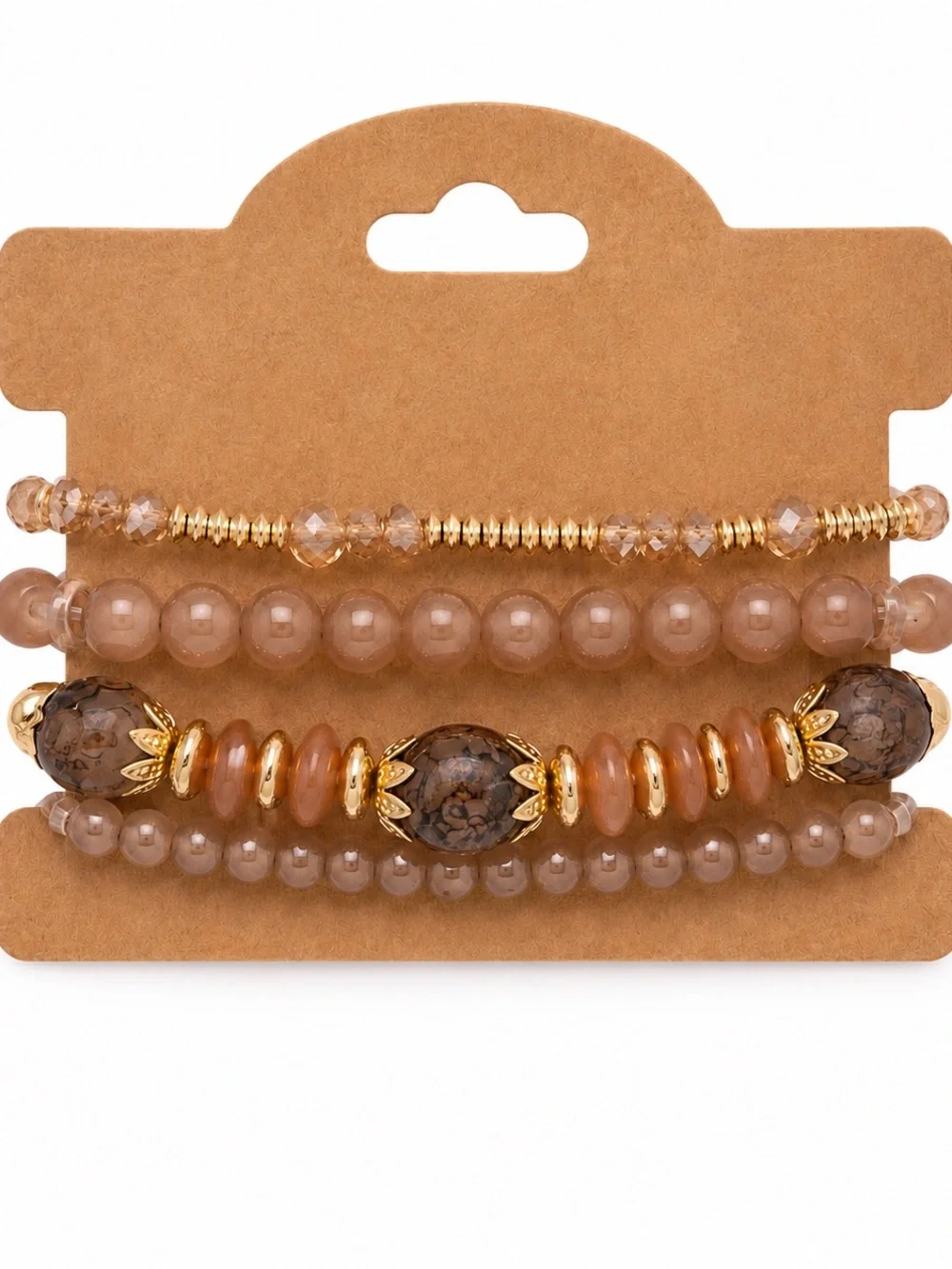 Boho Neutral Beaded Bracelet Stack Gold Tone Crystal Charm Stretch Bracelets